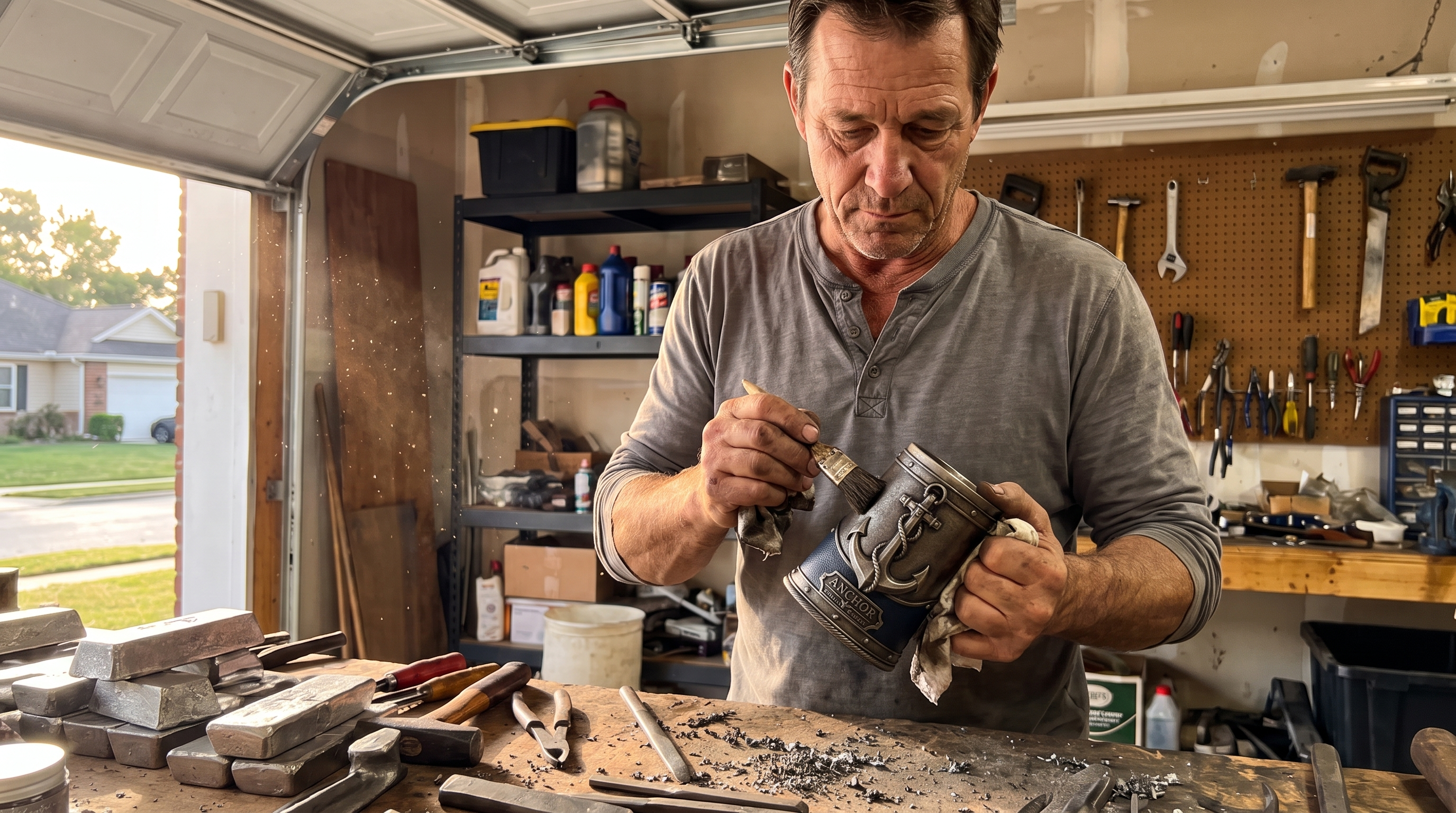 Jack Kowalski hand-applying patina finish to a tankard body at his garage workbench