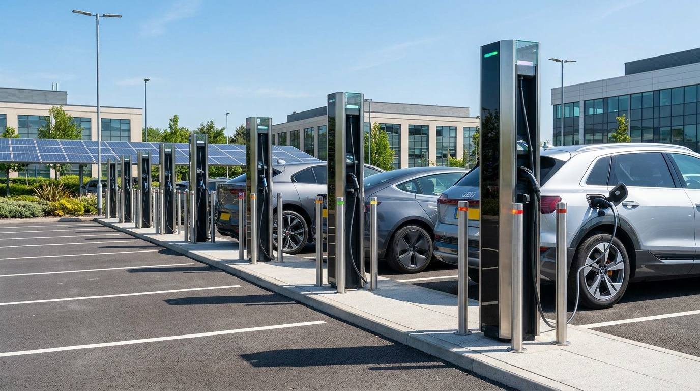 A row of modern EV charging points with electric cars charging in a UK business car park under a clear blue sky