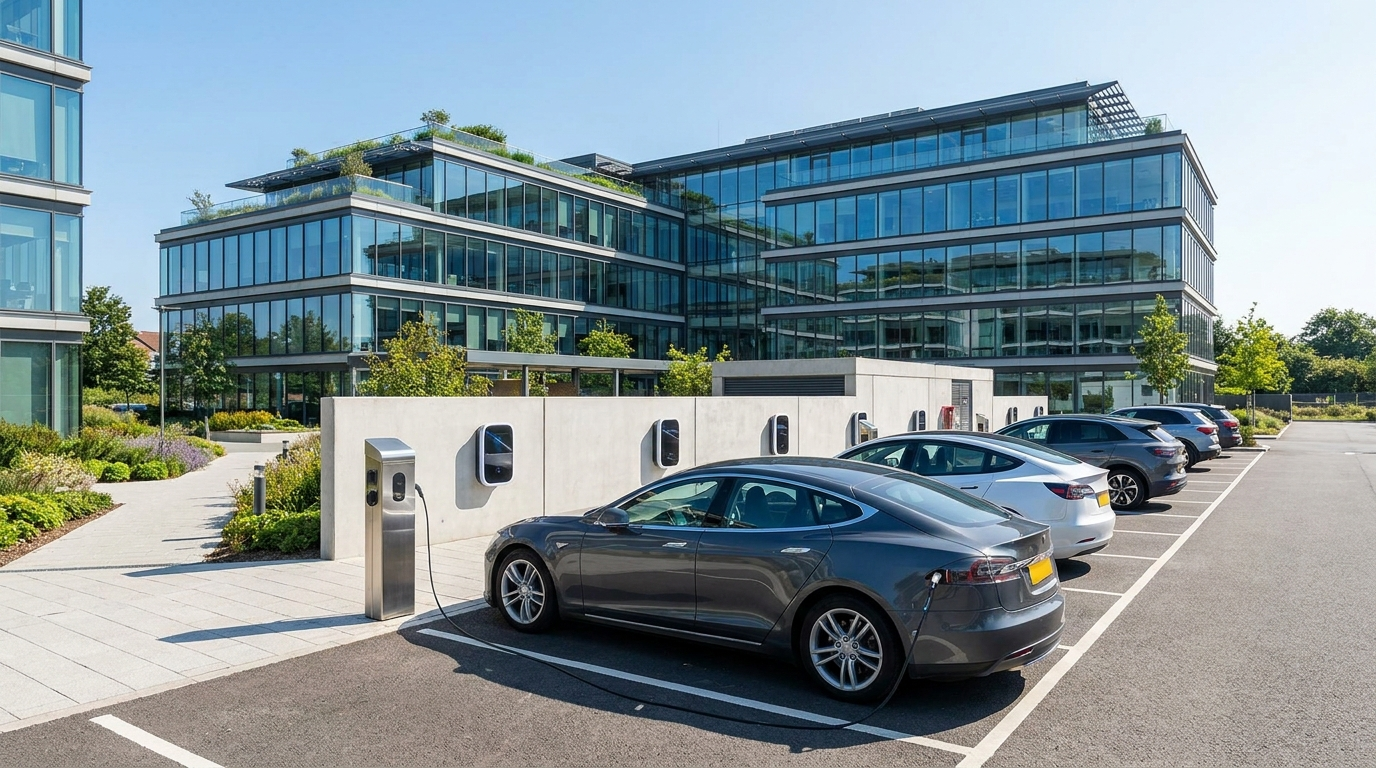 EV charging points in a modern UK workplace office car park with an electric car charging under a clear blue sky