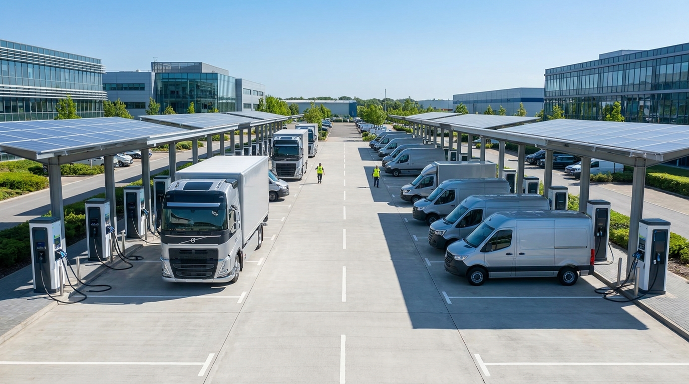 Electric HGVs and vans charging at a logistics fleet depot under a clear blue sky
