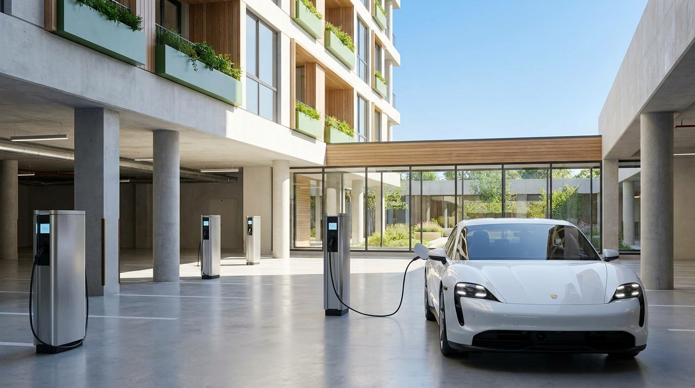 EV charging points at a modern residential apartment building car park under a clear blue sky