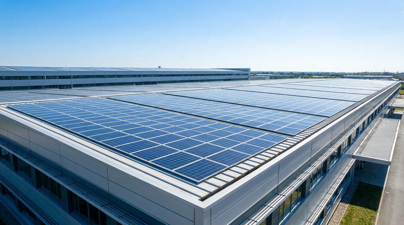 A commercial rooftop covered in solar PV panels on a modern industrial building under a clear blue sky