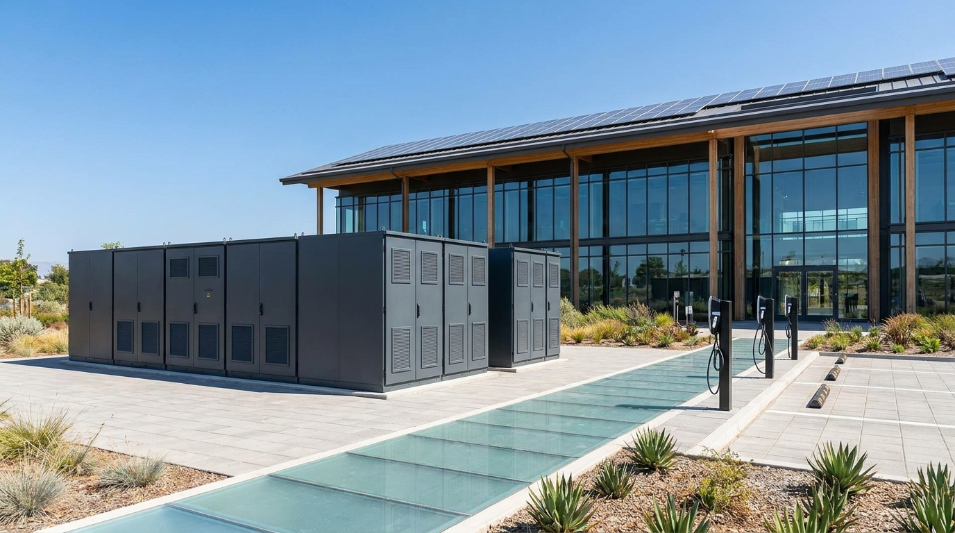 Commercial battery energy storage units outside a modern commercial building under a clear blue sky