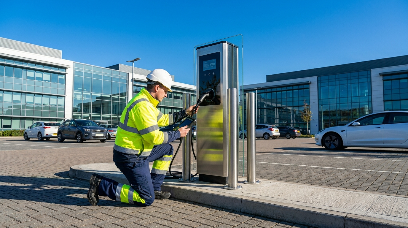 A technician installing a commercial EV charging point in a business car park under a clear blue sky
