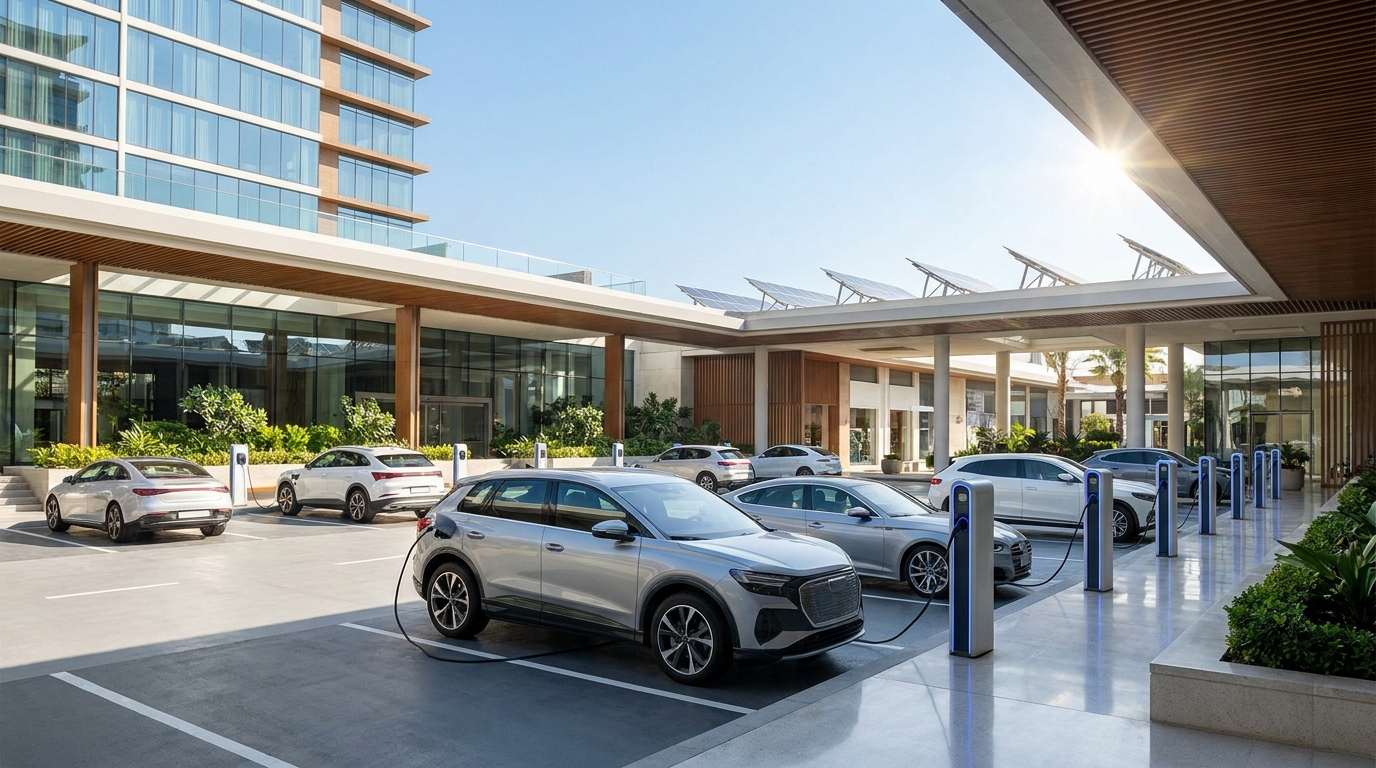 Sleek EV charging points with electric cars at a hotel and retail destination car park under a clear blue sky