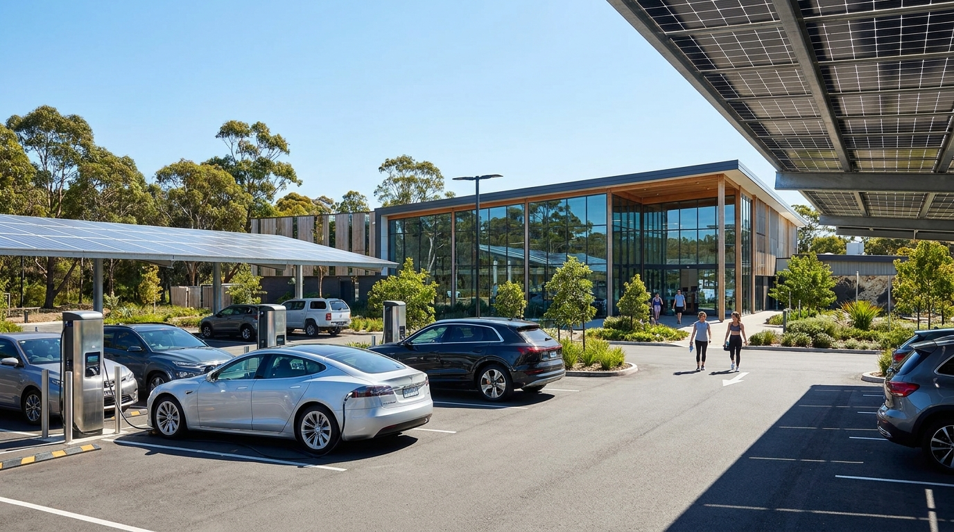 EV charging points with electric cars at a modern gym and leisure centre car park under a clear blue sky