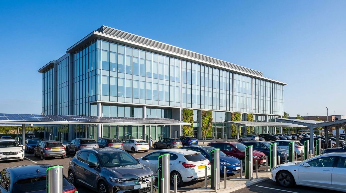 A contemporary corporate office car park with EV charging points and electric cars under a clear blue sky