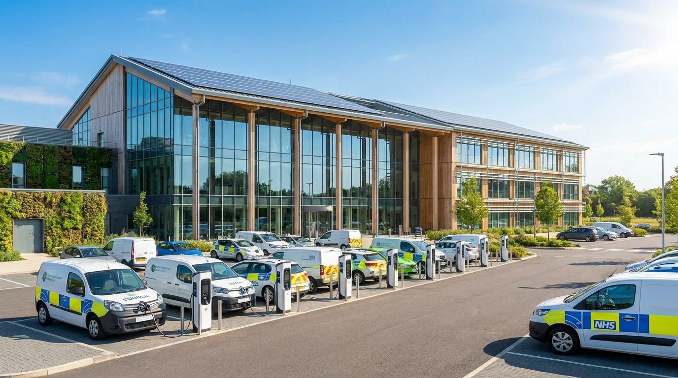 A UK public sector building with EV charging points and electric fleet vehicles in the car park under a clear blue sky