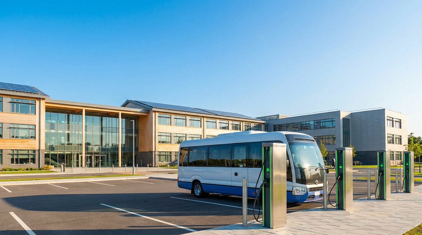 A school car park with EV charging points and an electric minibus charging under a clear blue sky