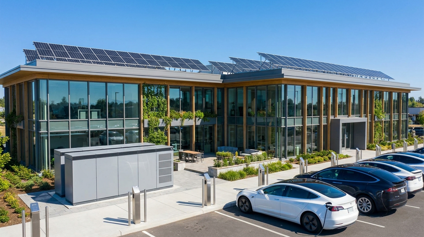 A commercial building with rooftop solar panels, battery storage and EV charging points together under a clear blue sky