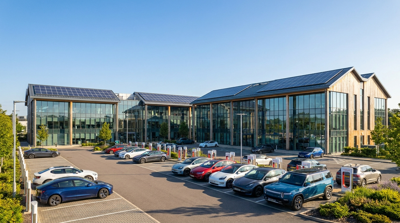 A modern UK business park combining solar panels, EV charging and electric vehicles under a clear blue sky