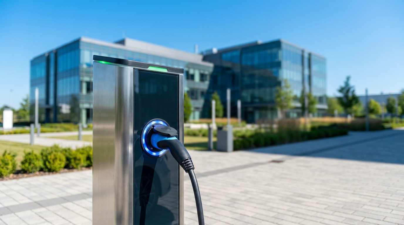 A pristine modern commercial EV charging point in operation at a business site under a clear blue sky
