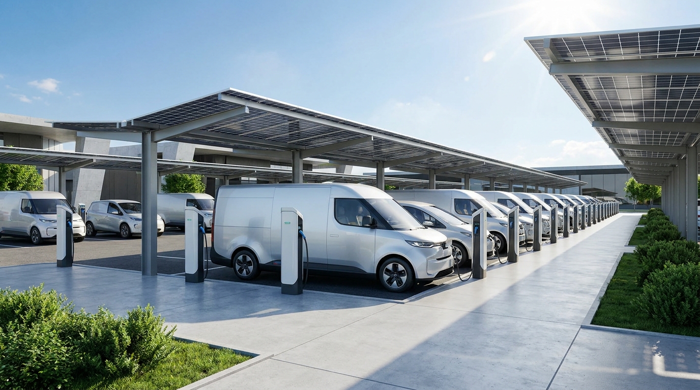 A fleet of electric vans and cars charging in a row at a modern business depot car park under a clear blue sky