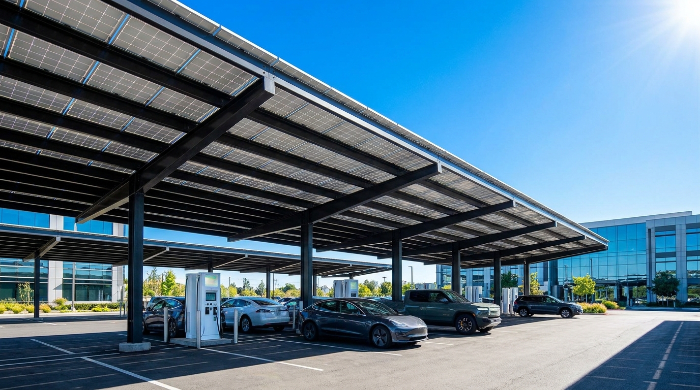 A commercial solar carport canopy with solar panels over a business car park with EV charging under a clear blue sky