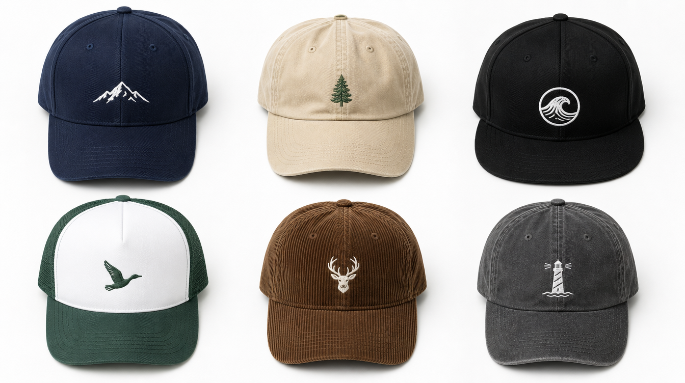 Flat-lay product photography of six baseball cap styles arranged in a 2x3 grid: structured 6-panel cap, dad hat, snapback, five-panel trucker, vintage corduroy cap, and washed cotton cap, each with simple custom embroidered logos