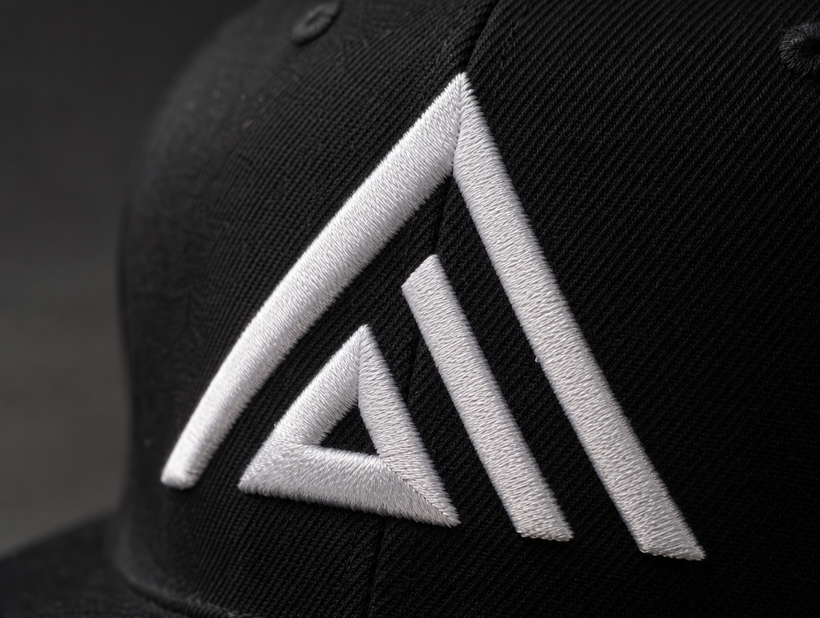 Macro close-up showing dense 65 to 75 stitches per inch white embroidery on the front panel of a black structured baseball cap, with visible stitch pattern and crisp logo edges