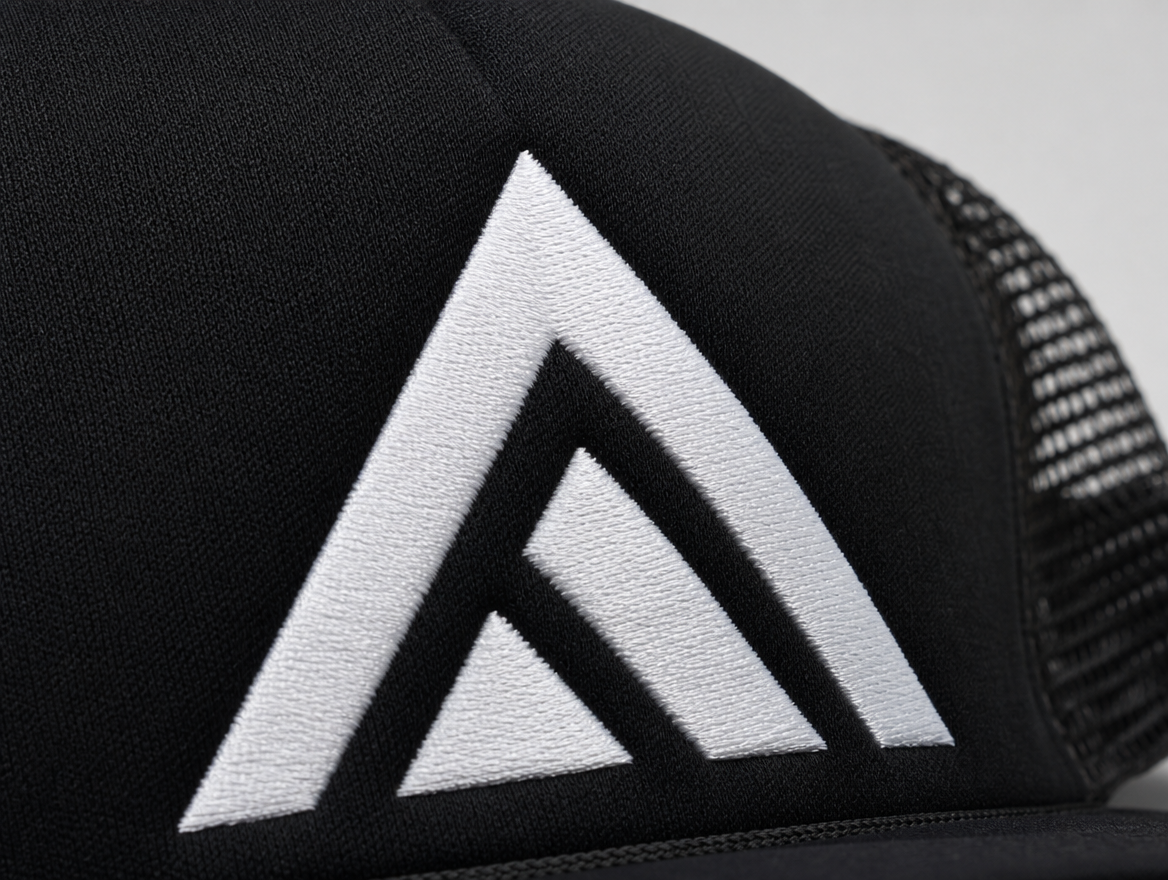 Macro close-up showing dense 65 to 75 stitches per inch white embroidery on the foam front panel of a black five-panel trucker hat, with mesh back panels visible in the background