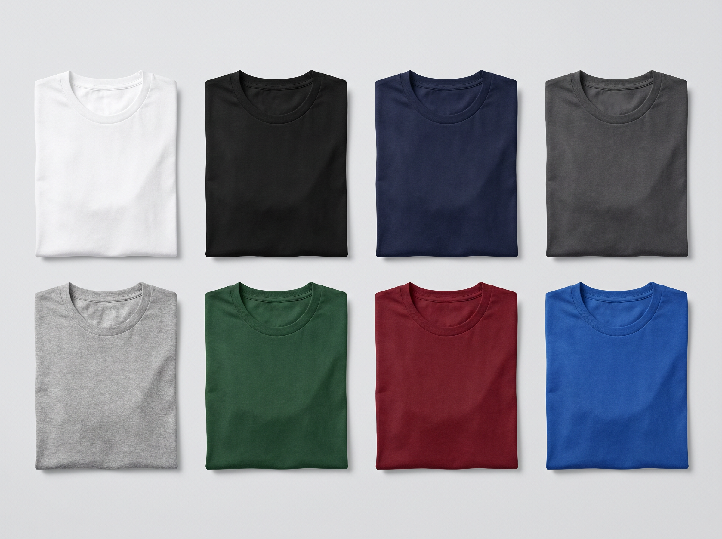 Custom t-shirts in 8 colors - flat lay showing the range of blank apparel available for custom embroidery and printing