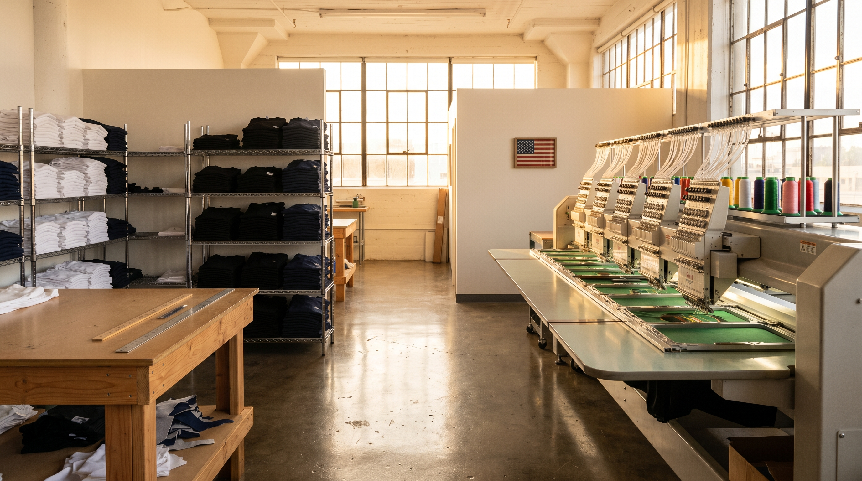 Custom apparel fulfillment workshop in the USA - embroidery machines and folded blank t-shirts ready for customization