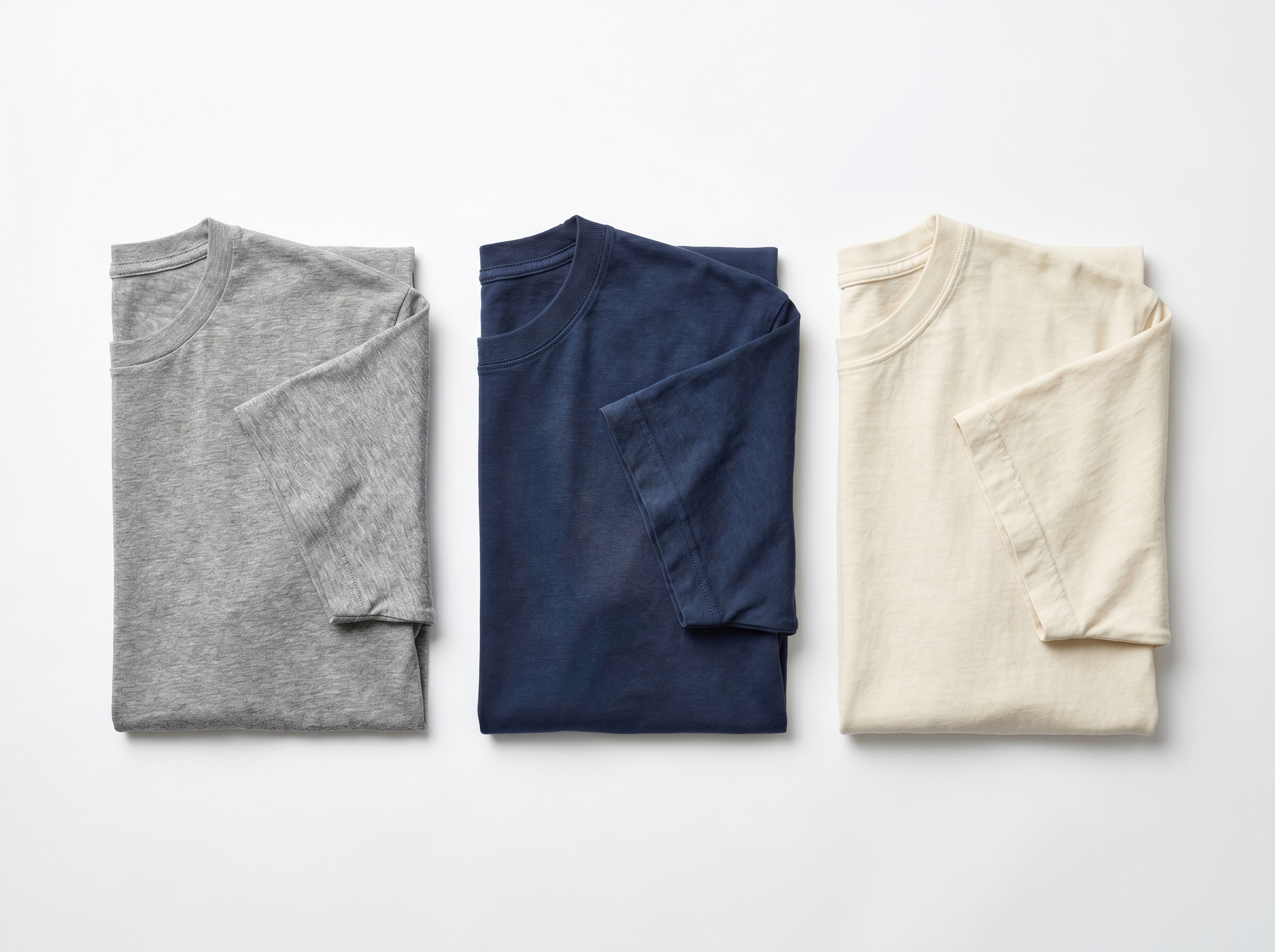 Three folded t-shirts in budget, midweight, and premium cotton tiers - visualizing the $6.99 to $48.99 pricing range