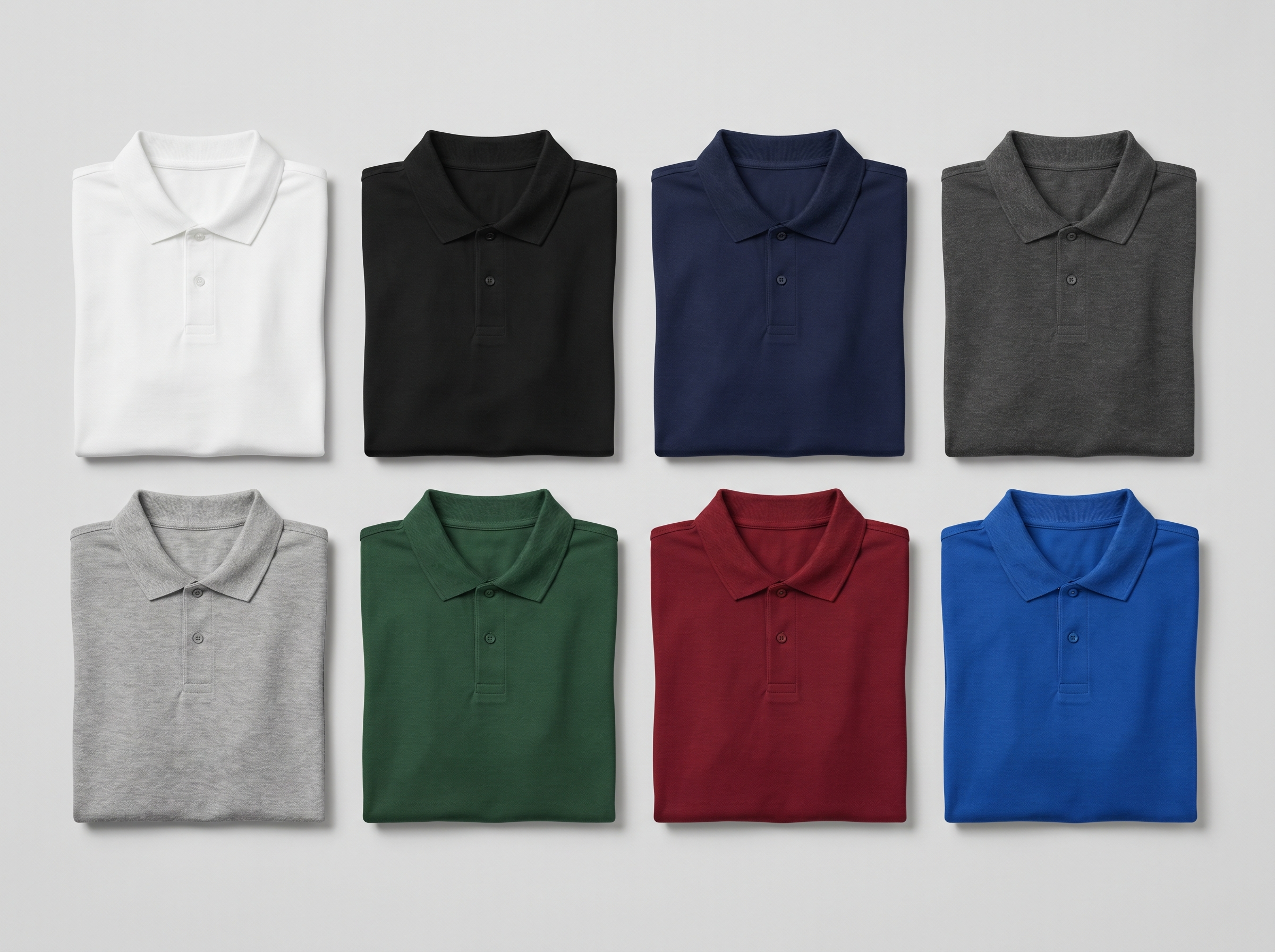 Custom polo shirts in 8 colors - corporate uniform color options for embroidery and printing