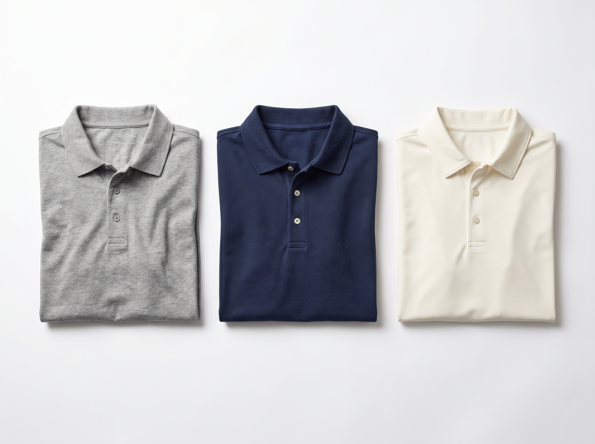 Three polo shirt tiers - budget cotton, mid-tier pique, premium performance - visualizing the $30 to $75 polo pricing range