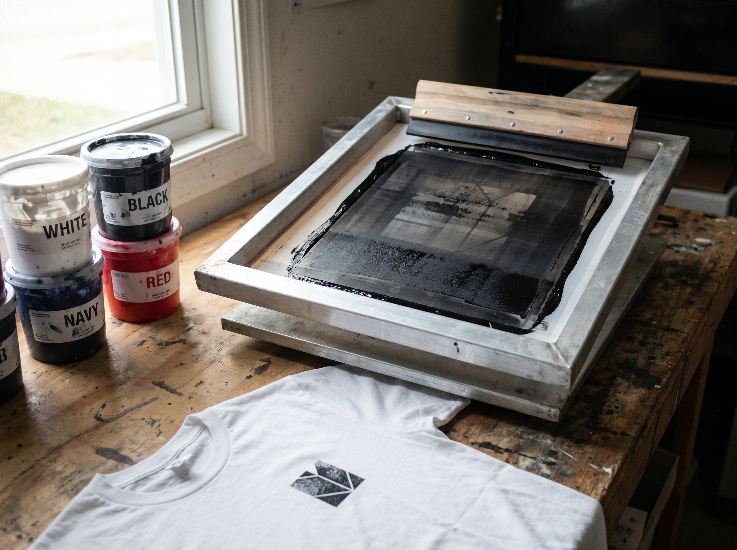 Screen printing setup for bulk custom t-shirt orders - traditional plastisol screen and squeegee on a press
