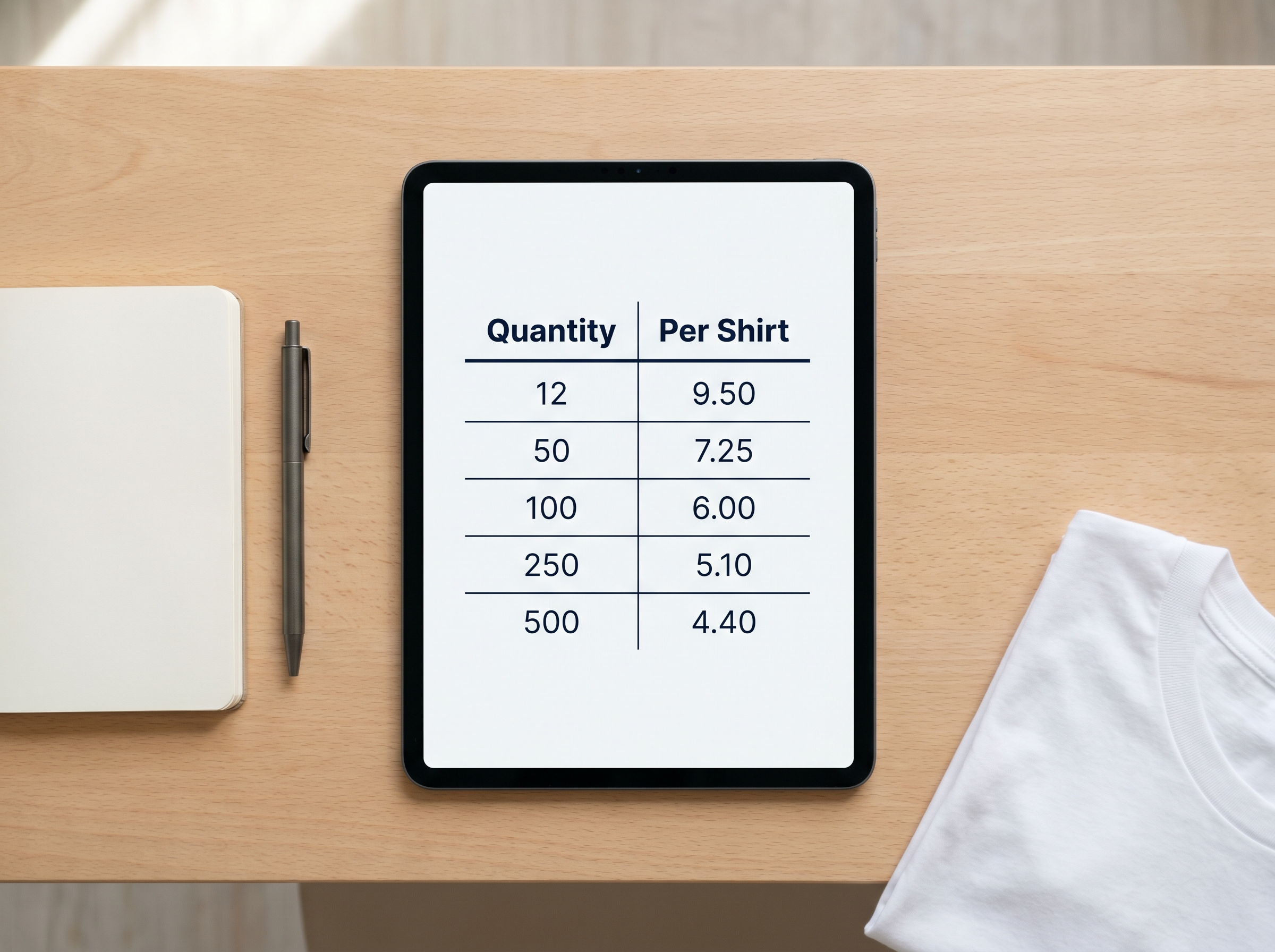 Custom t-shirt bulk pricing calculation - quantity tier breakdown showing per-unit cost dropping with volume