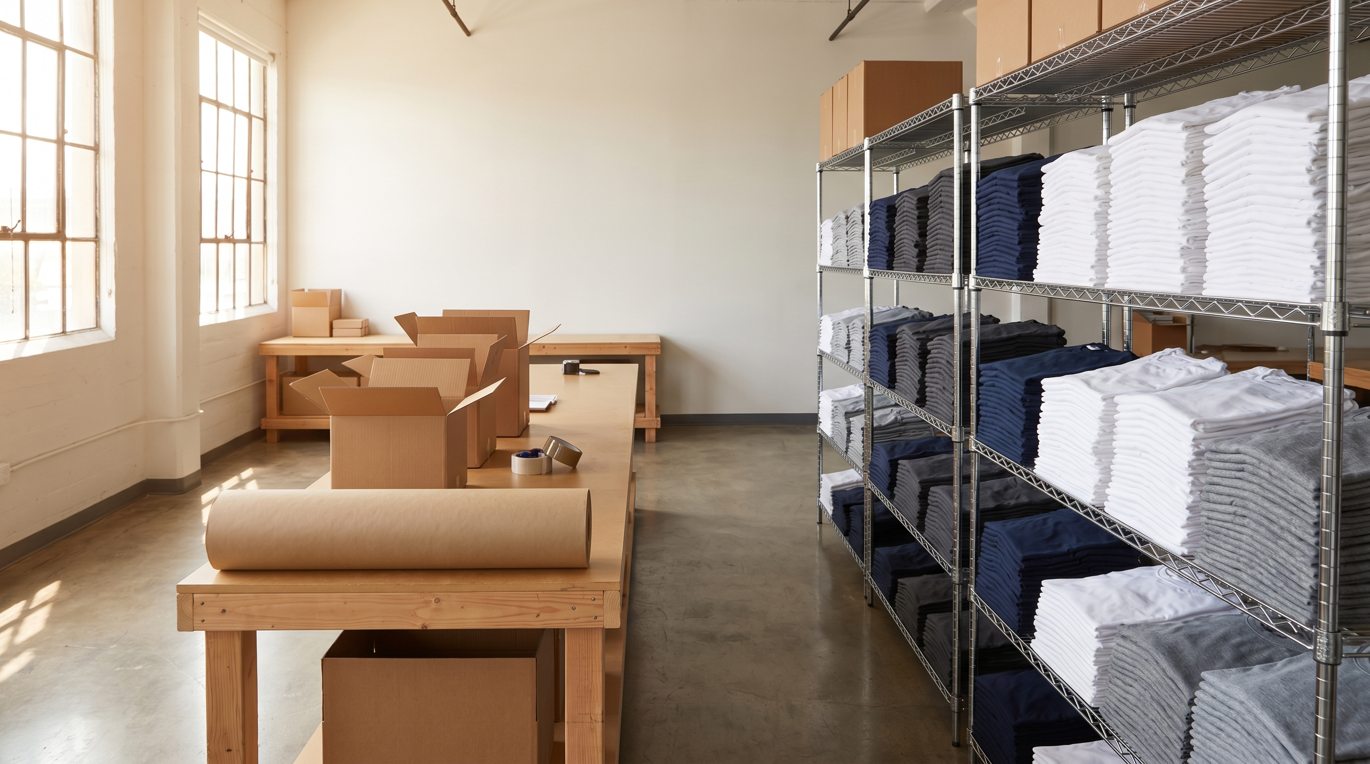 Bulk custom t-shirt fulfillment area in a USA print shop - shelving stocked with completed custom orders ready to ship