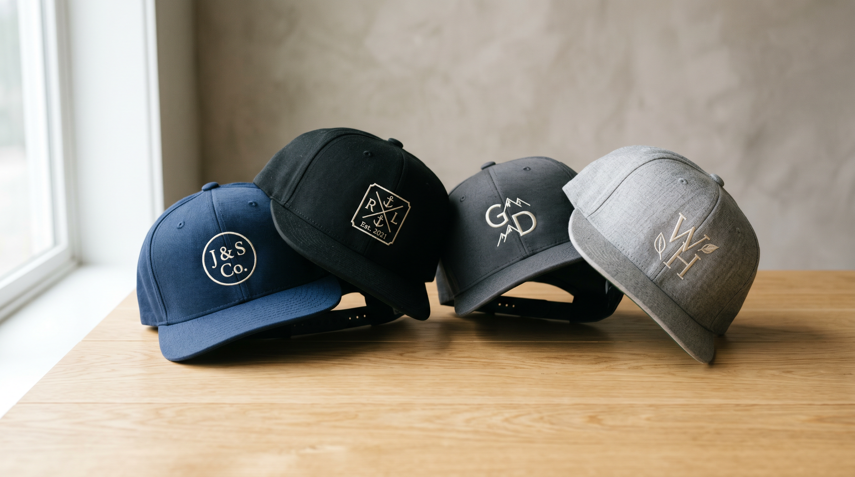 Four structured 6 panel snapback hats in navy, black, charcoal, and heather gray arranged on a clean light wood surface with custom embroidered logos on each front panel
