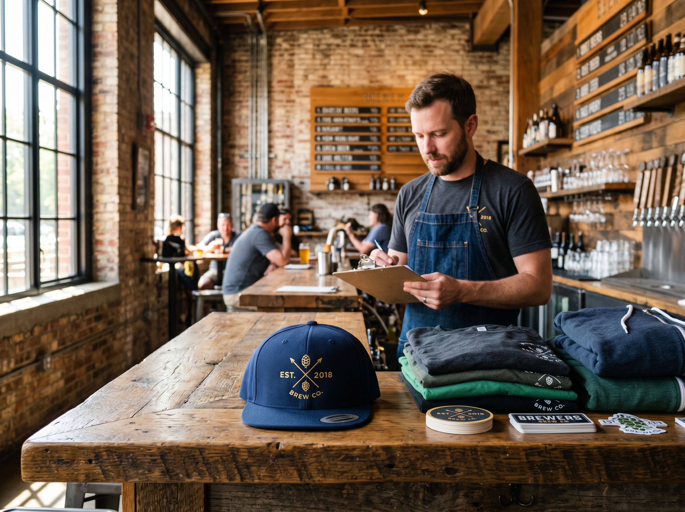 Brewery taproom with a custom embroidered navy snapback resting on a reclaimed wood bar counter beside folded merchandise as the owner in a denim apron reviews a clipboard