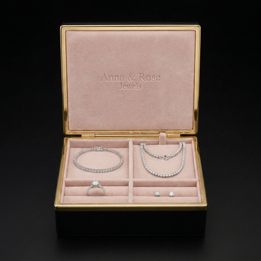 Open Anna & Rose Jewels box with a bracelet, necklace, ring and earrings