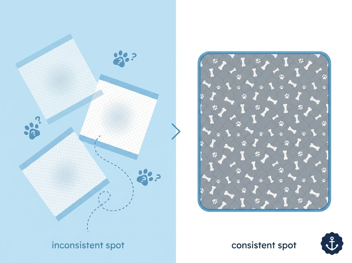 Infographic: herkenbare wegwerp-pads die steeds verschuiven versus een vaste, consistente PetRoot PottyPlace pad