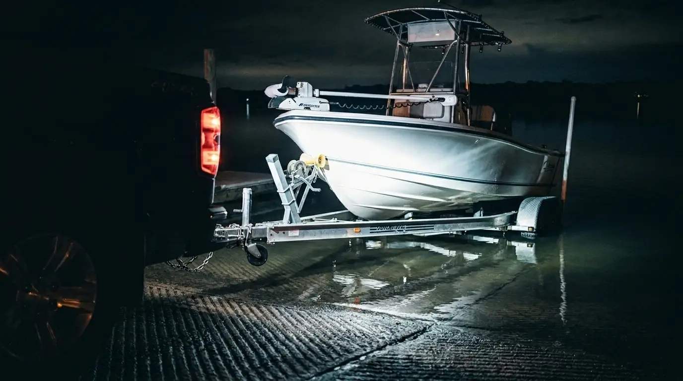 Truck backing a boat trailer into the water at night with bright reverse lights