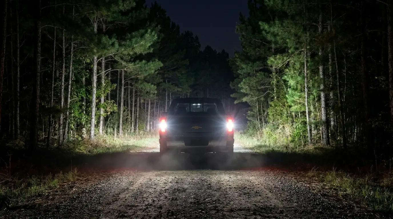Truck reversing into a dark tree-lined driveway lit by LED reverse lights