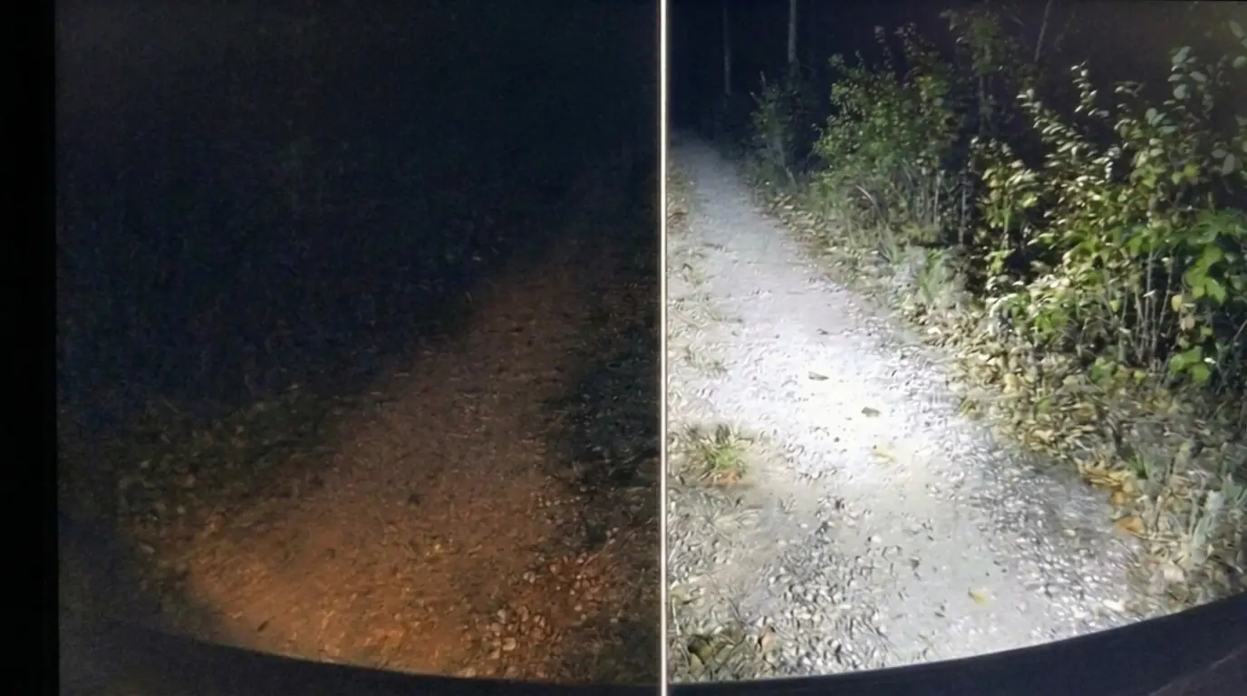Backup camera view at night: dark with stock bulbs vs fully lit with LumX reverse lights