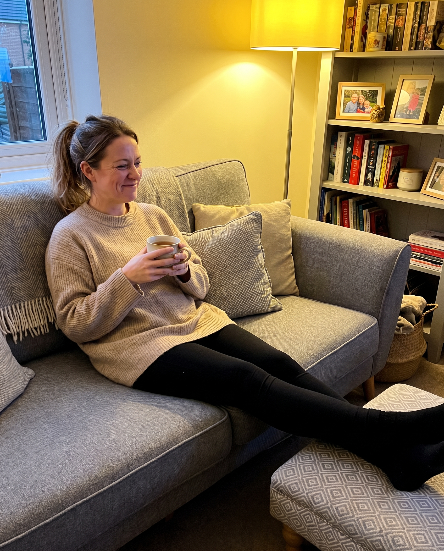 Woman relaxing on the sofa in the evening with light legs