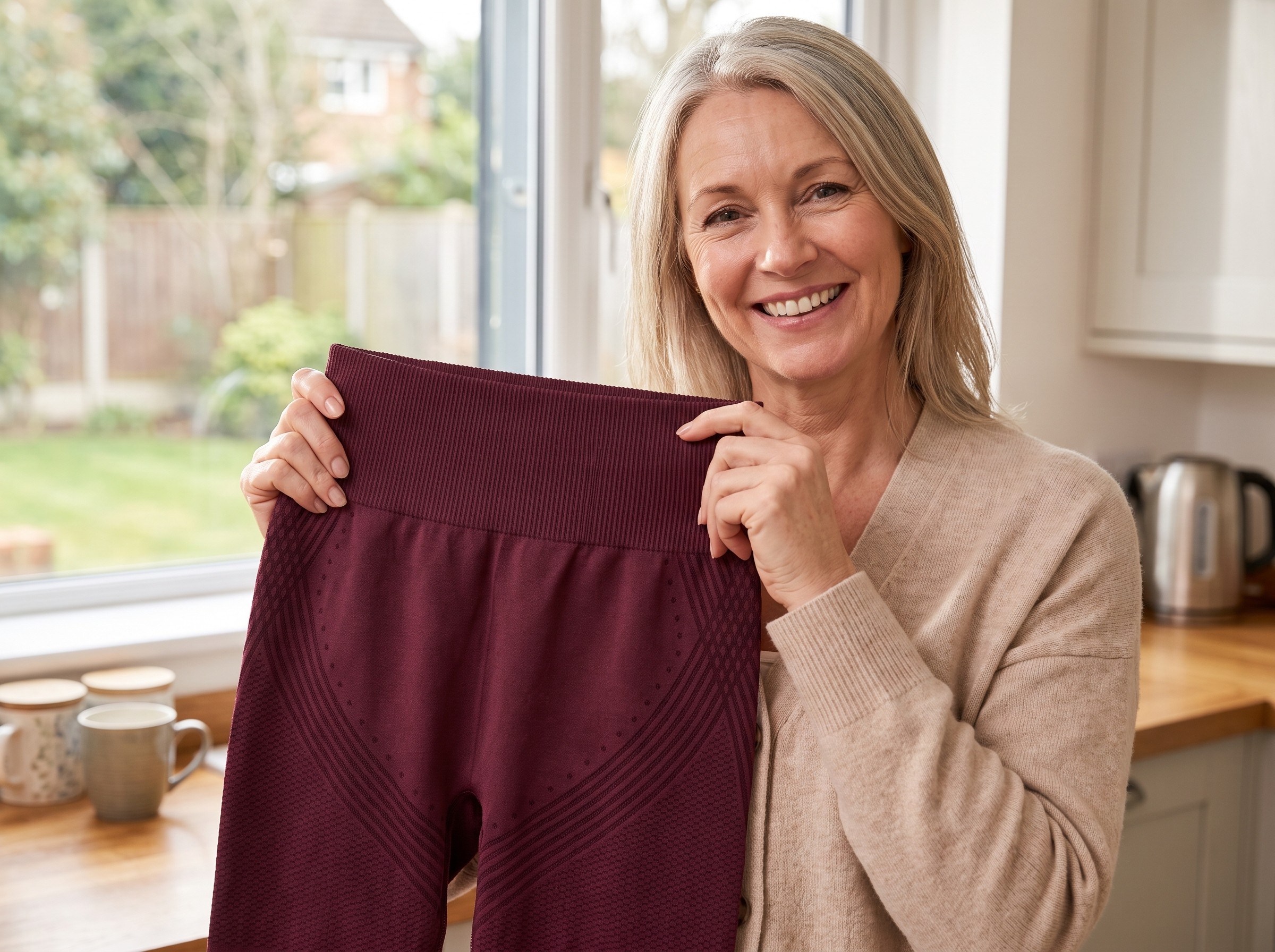 Happy customer holding SkinForm MicroSculpt leggings