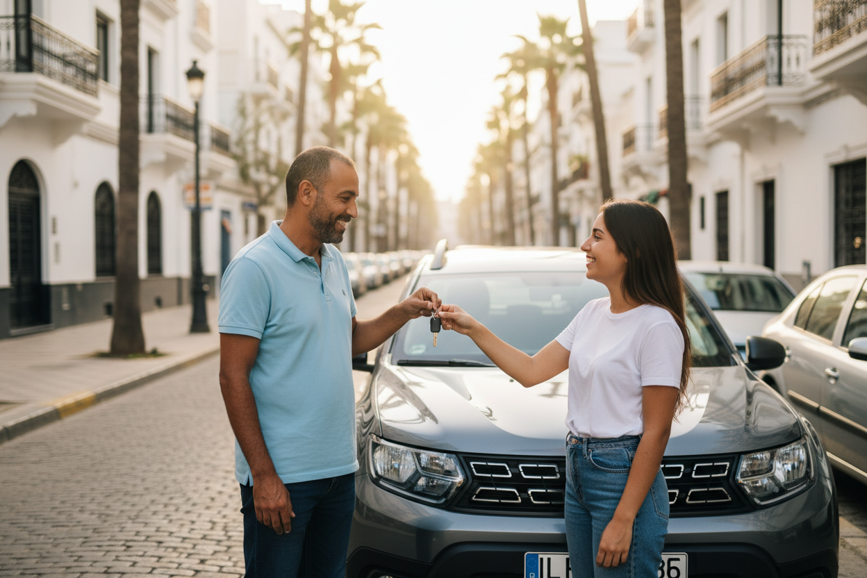 Un propriétaire remet les clés de sa voiture à un locataire souriant