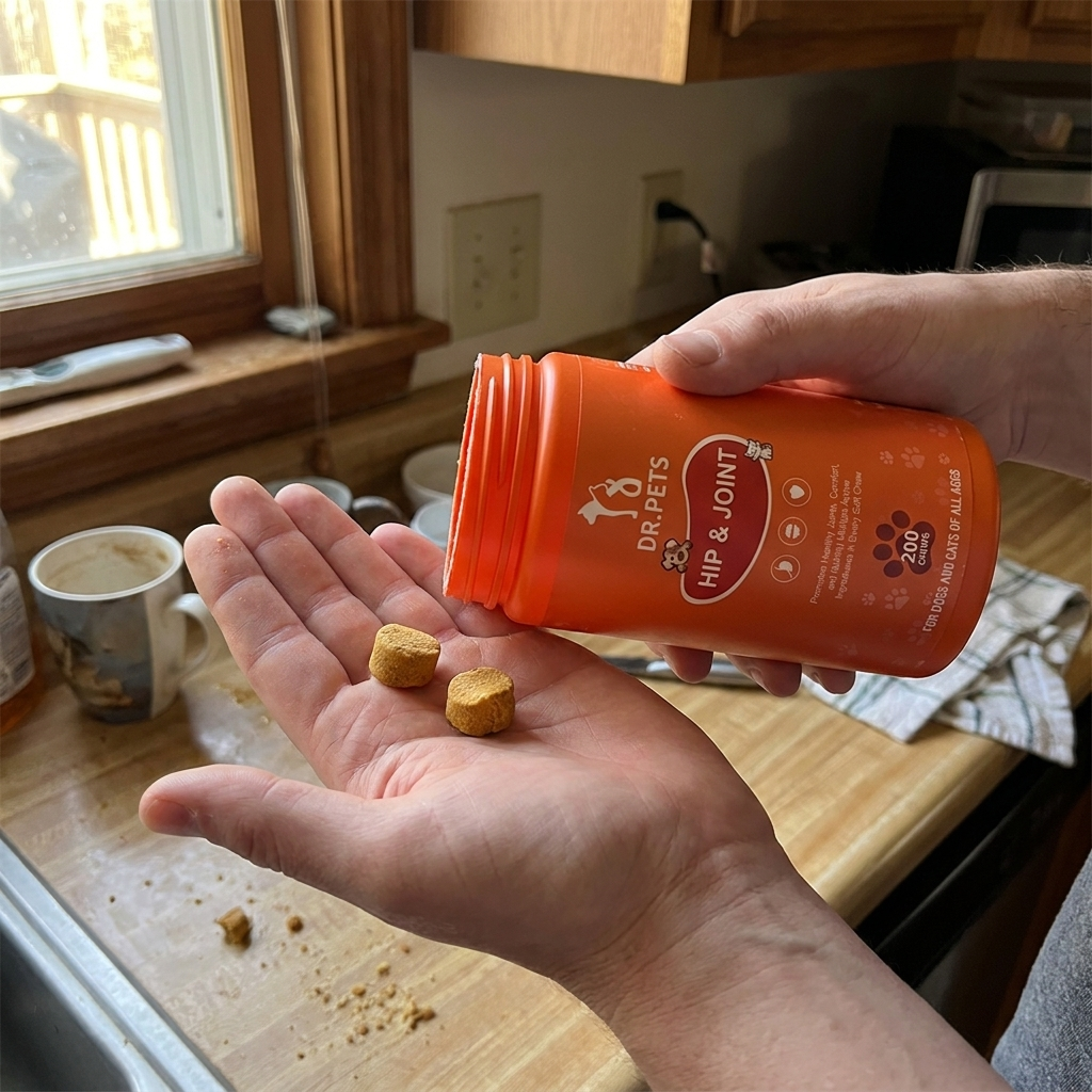 Tipping FlexJoint soft chews from the bottle into a hand