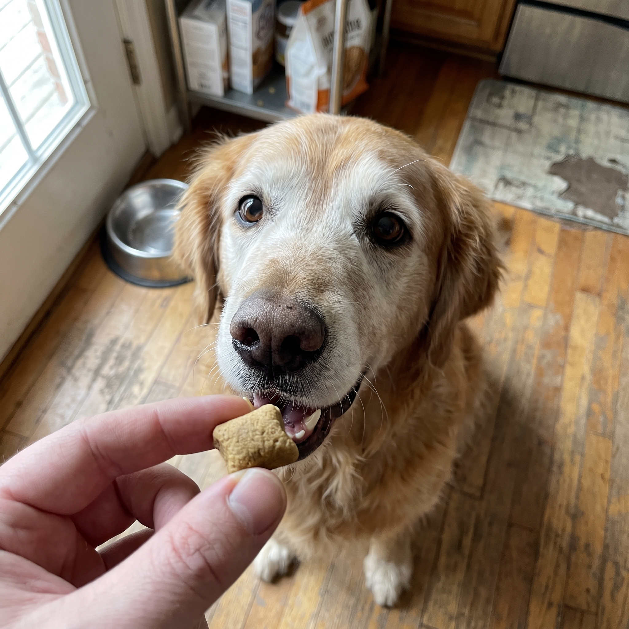 Offering a FlexJoint soft chew to a senior golden retriever