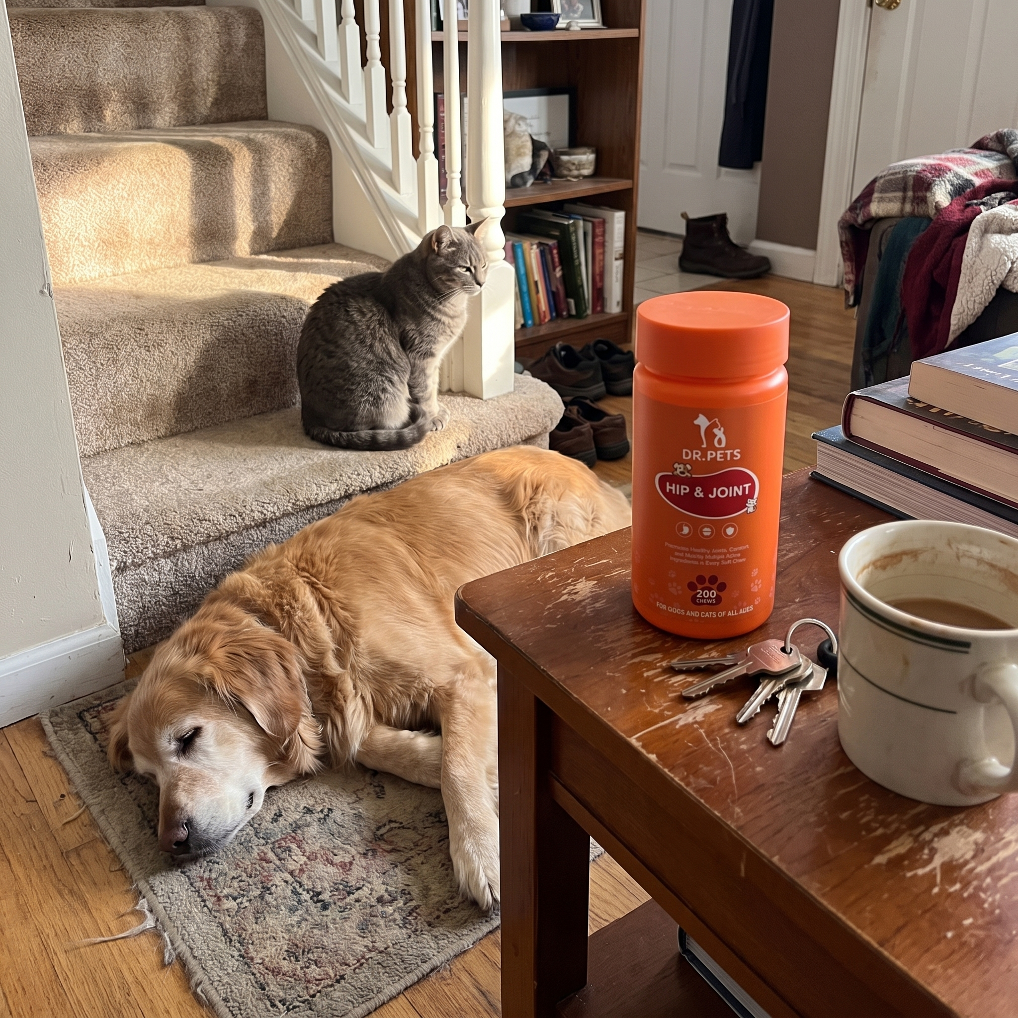 A senior dog and cat resting at home beside the FlexJoint bottle