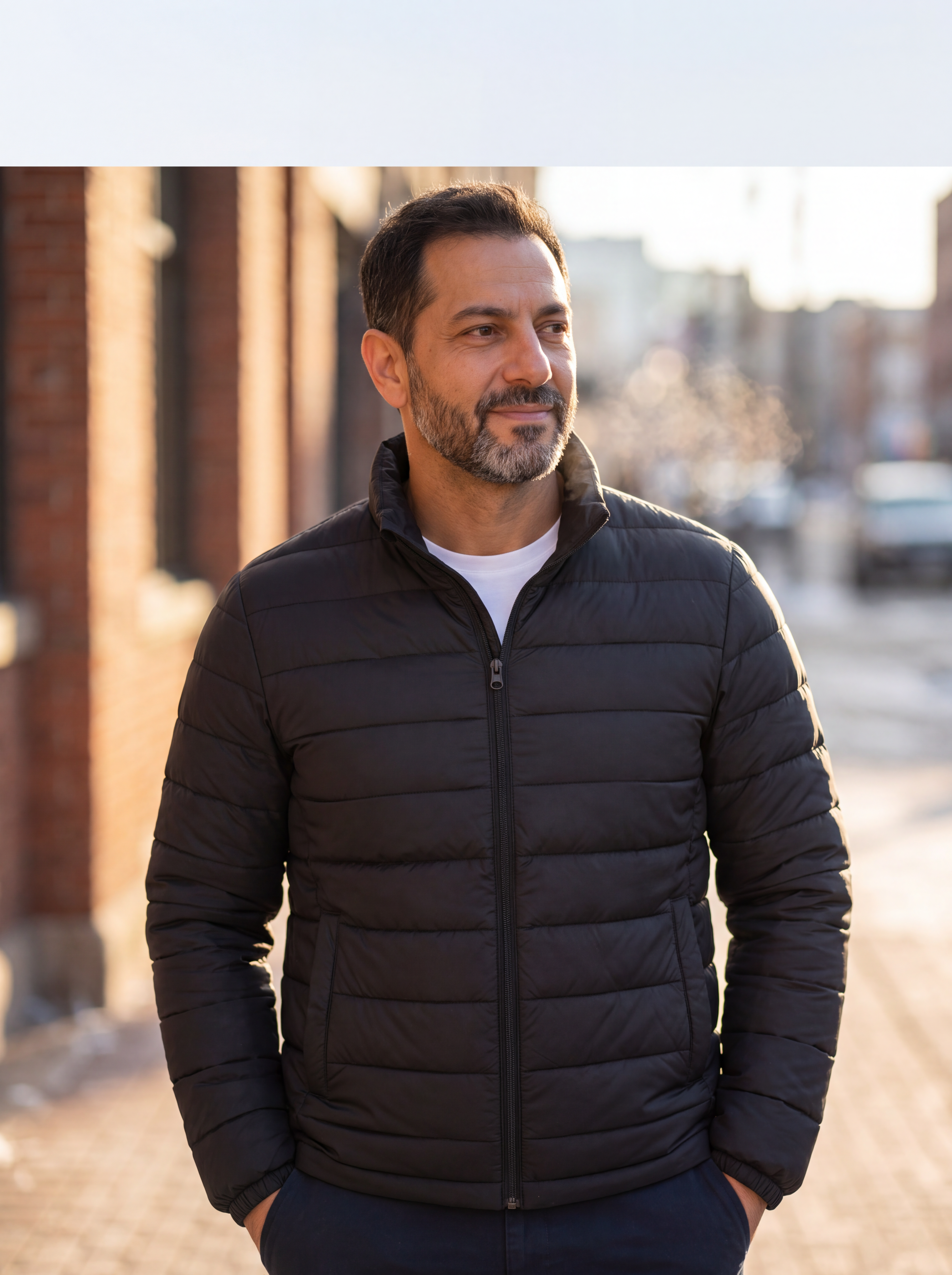 Man in a slim black Vyllum puffer on a cold morning street