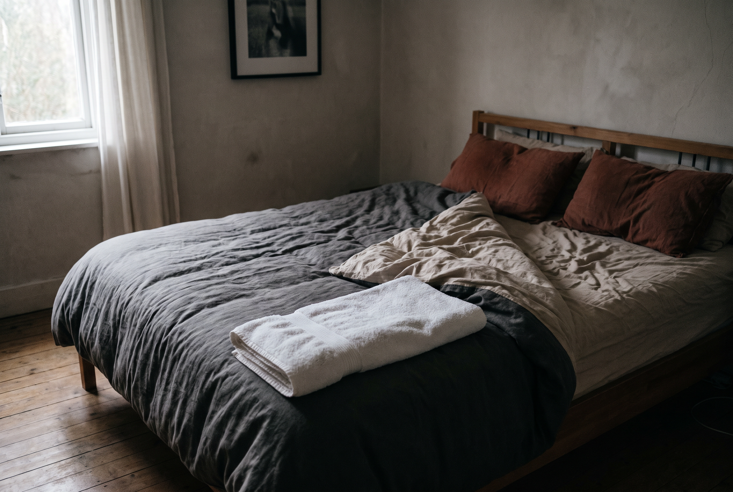 An unmade bed in grey early morning light with a folded white towel across the mattress