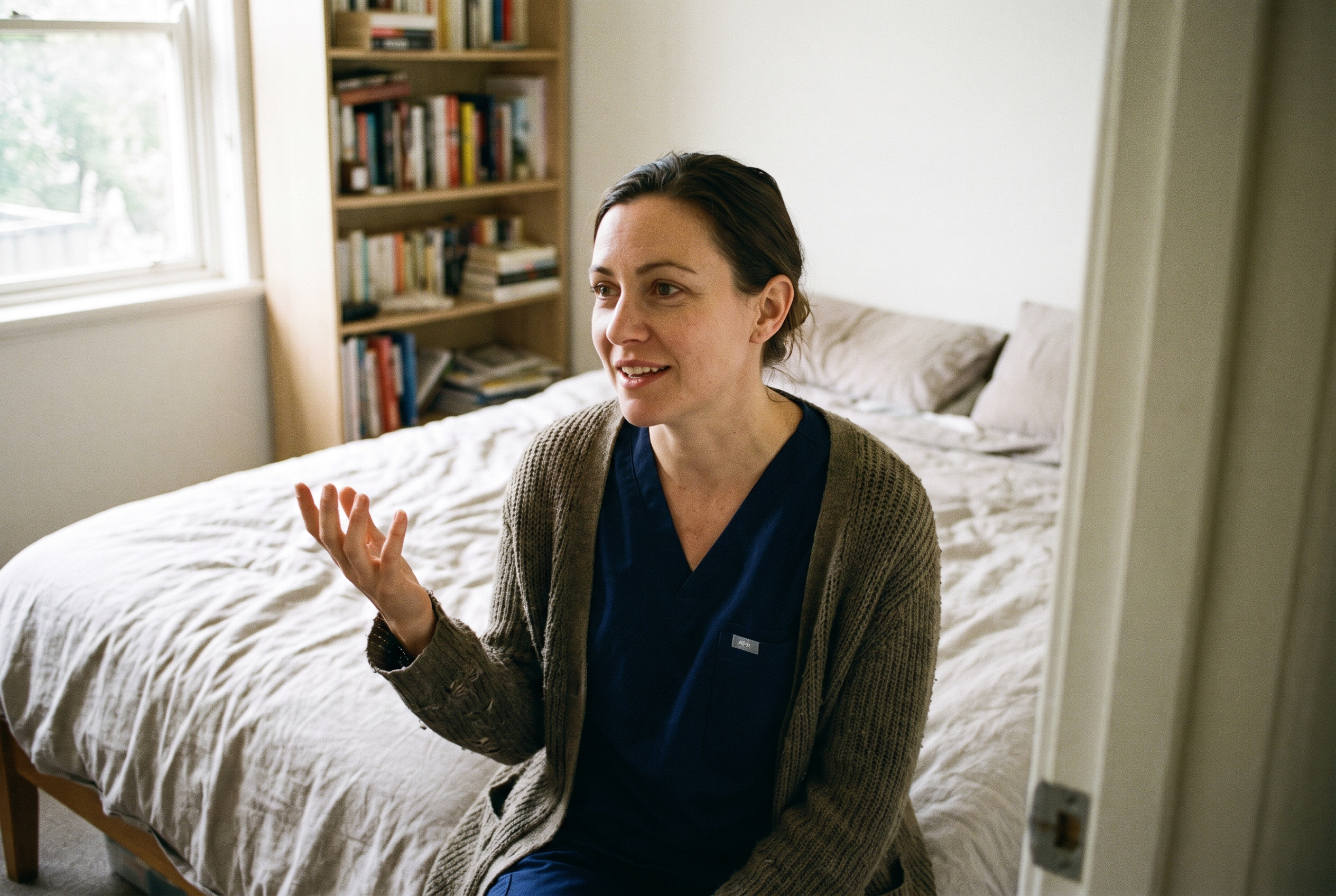 A midwife or doula mid-conversation in a bedroom