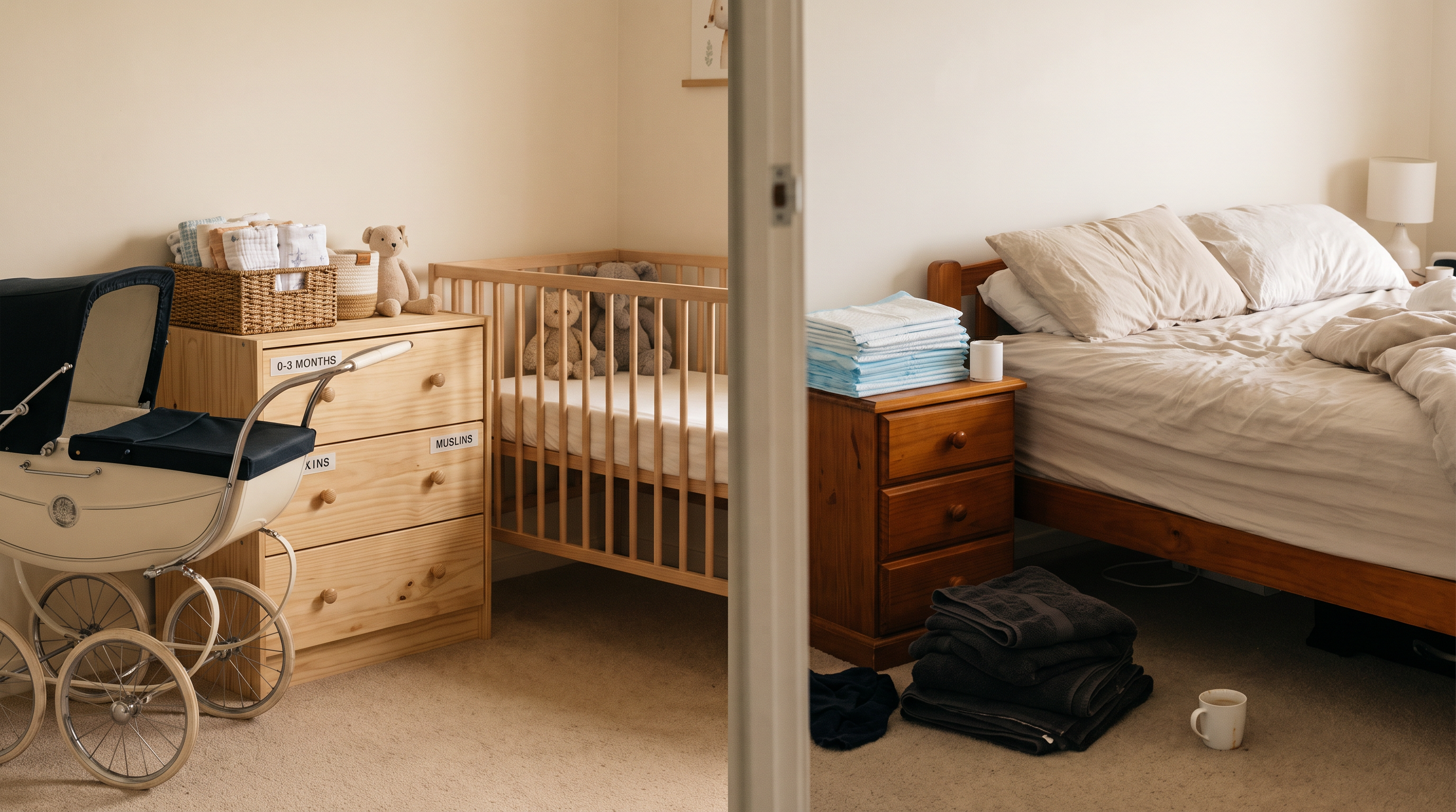 Split image contrasting a fully prepared nursery with an unprepared parents' bedroom