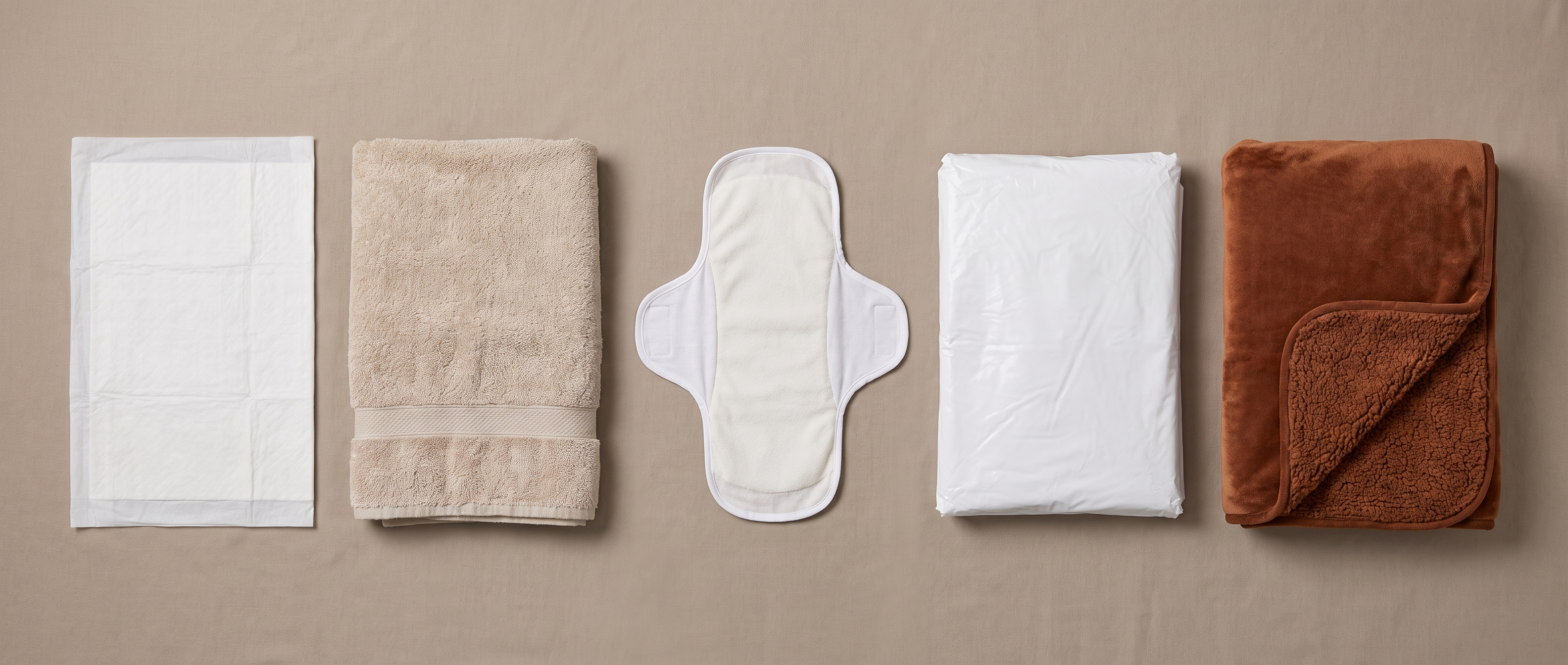 Flat lay of five postpartum bedding workaround products in a row, unbranded