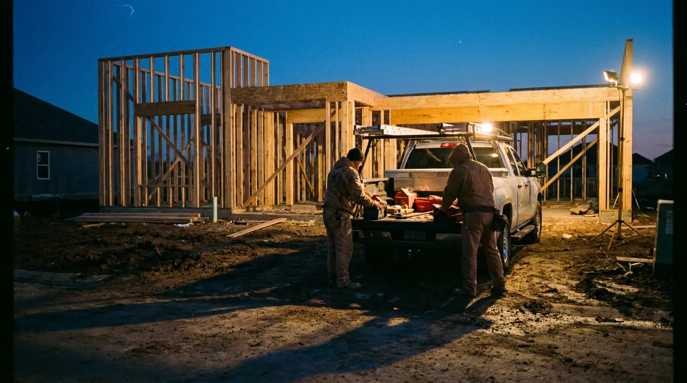 A residential jobsite at blue hour