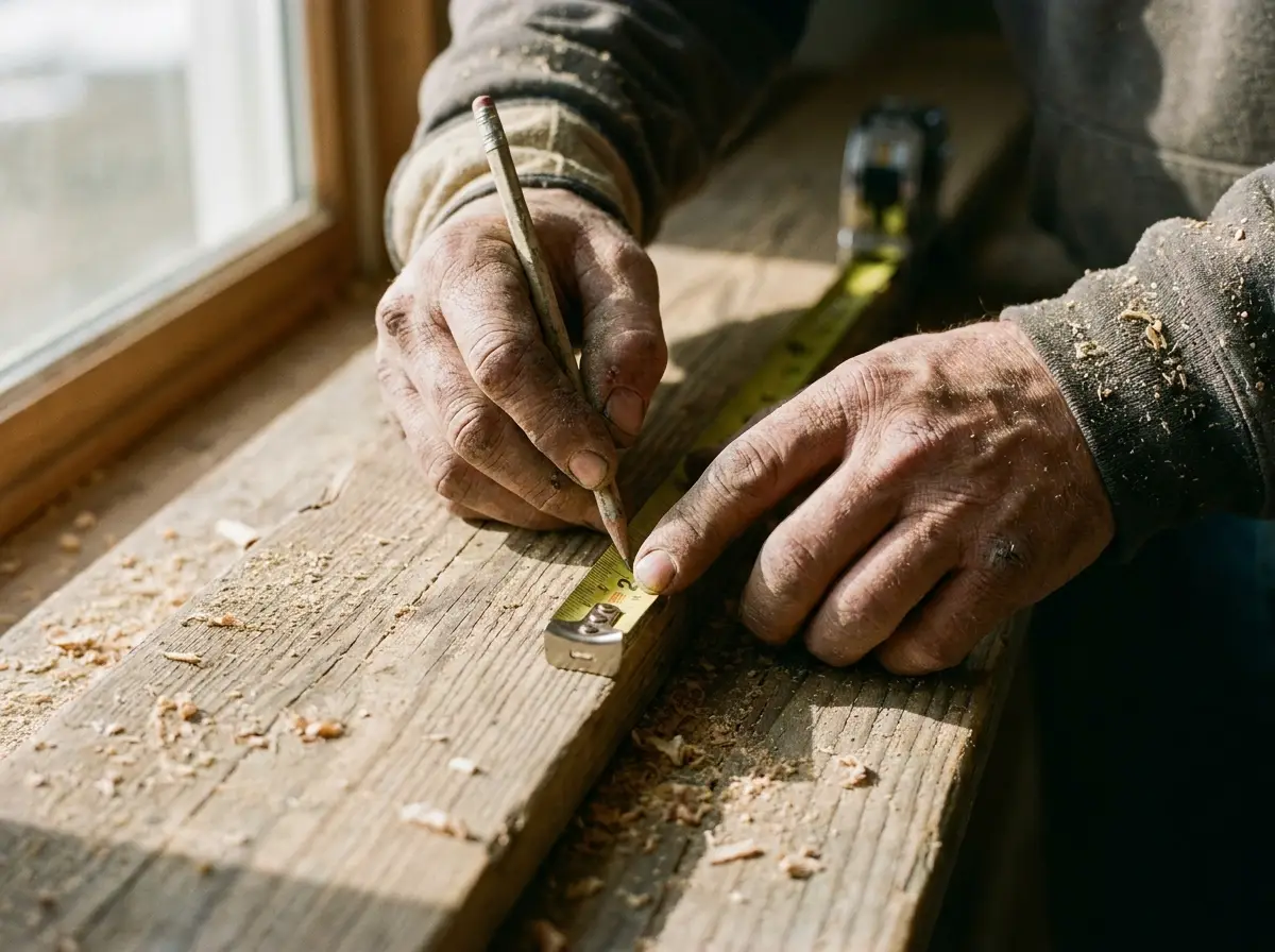 A contractor's weathered hands measuring and marking a board