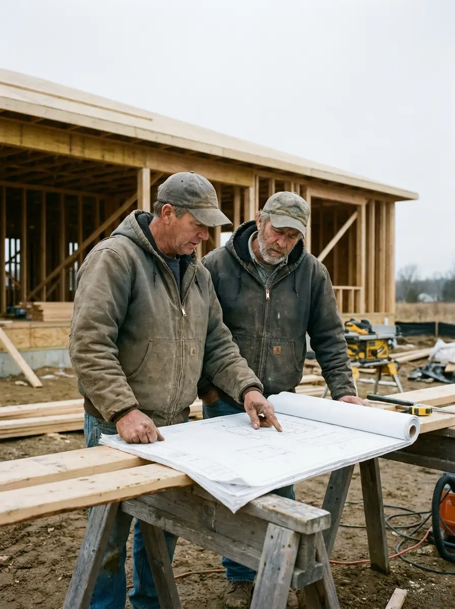 Two contractors working a plan out together on a jobsite